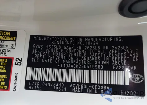 2025 Toyota Camry Se z USA, uszkodzony, nr VIN 4T1DAACK2SU549983